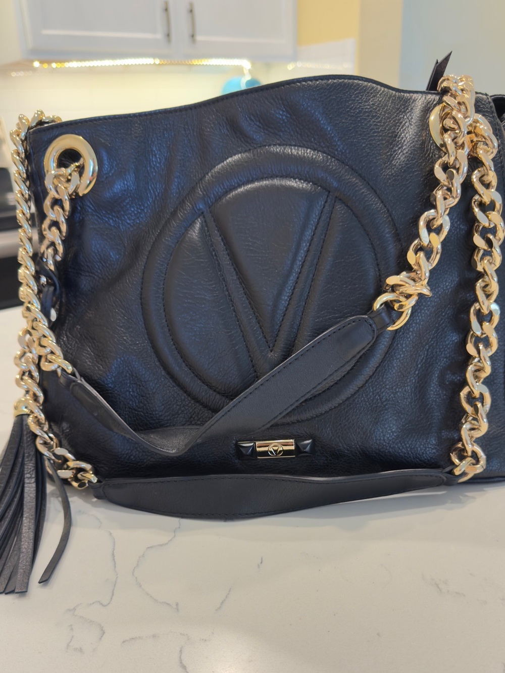Valentino Black Leather Chain-Handle Tote with Tassel